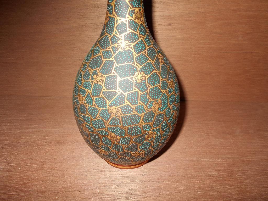 【 九谷焼　未使用 】 九谷焼　氷梅二青粒　鶴首　花瓶　晴山　細密青粒　寺山晴山