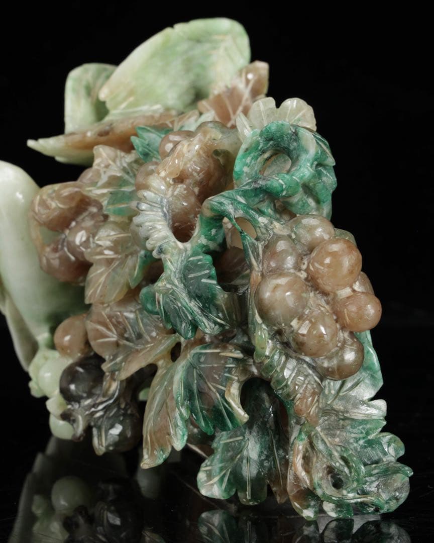 中国古玩 翡翠 玉石 鳥葡萄彫刻 960g 置物 唐物 細密彫刻 天然石