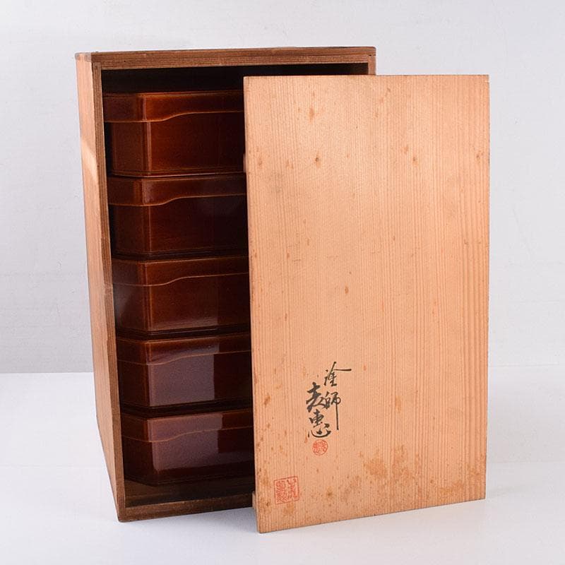 塗師　木村表恵作　木製漆器　大徳寺重　四方五段重箱　共箱　V　R8911H