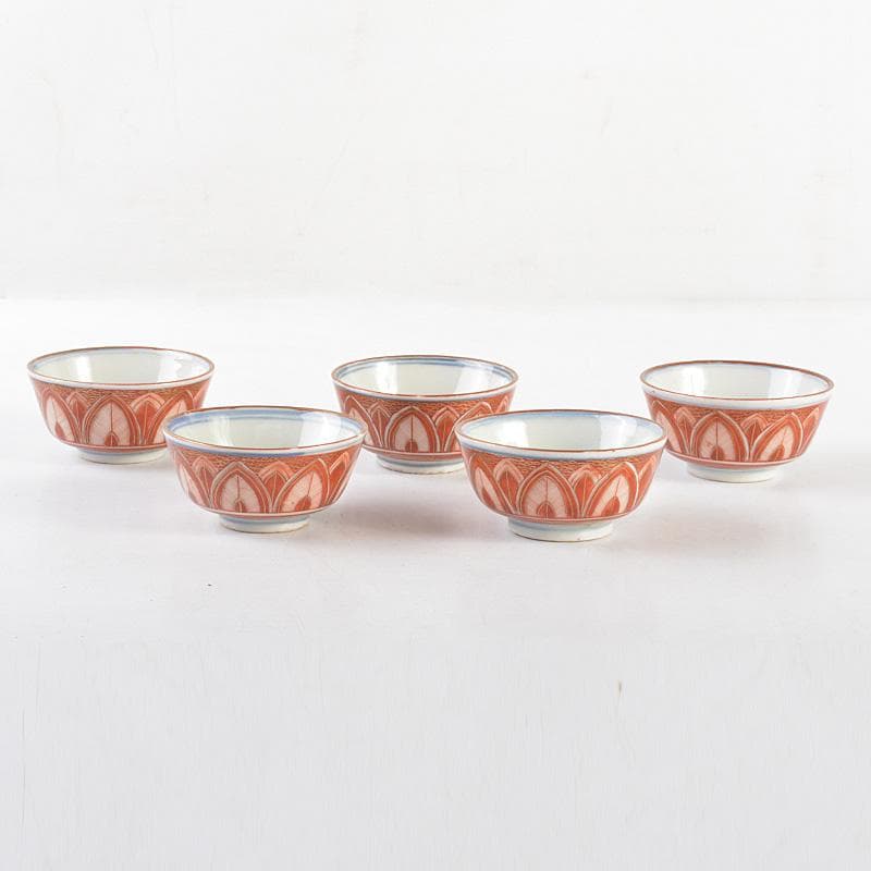 煎茶道具　九谷焼　古九谷　赤絵金彩　椛文　煎茶器　五客　時代箱付　V　R6018