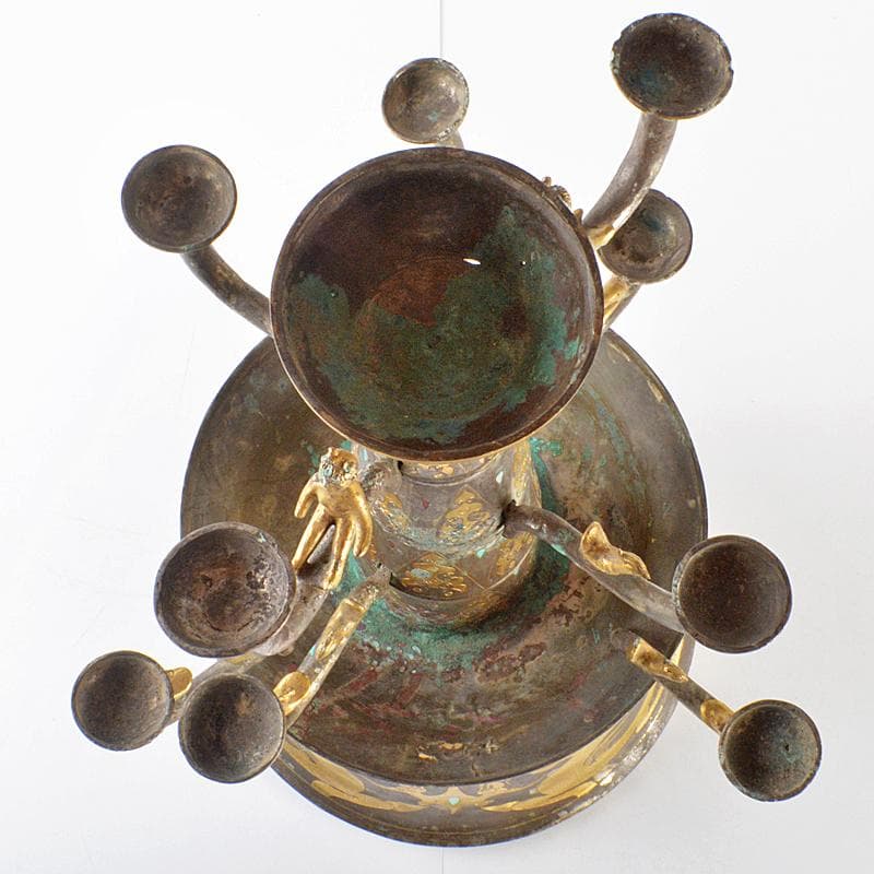 中国　古銅　金象嵌神獣人物文　燭台　蝋燭立　D　R5281B