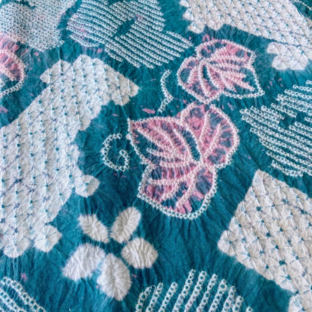 ★ ヨル★青緑色 身丈150 有松絞り 絞り浴衣　総絞り NO32