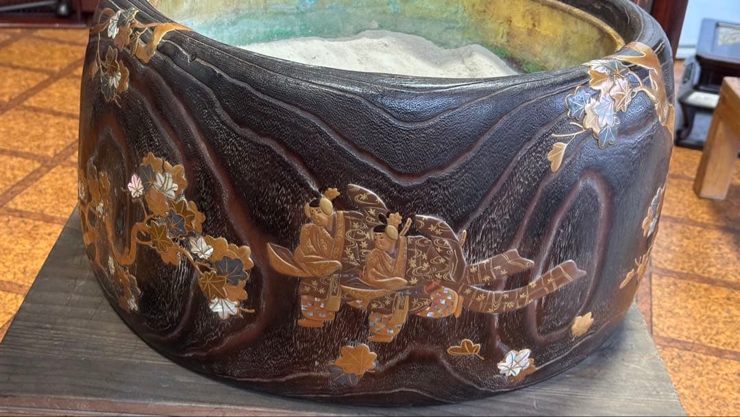 時代品　金蒔絵　螺鈿　高肉　桐火鉢