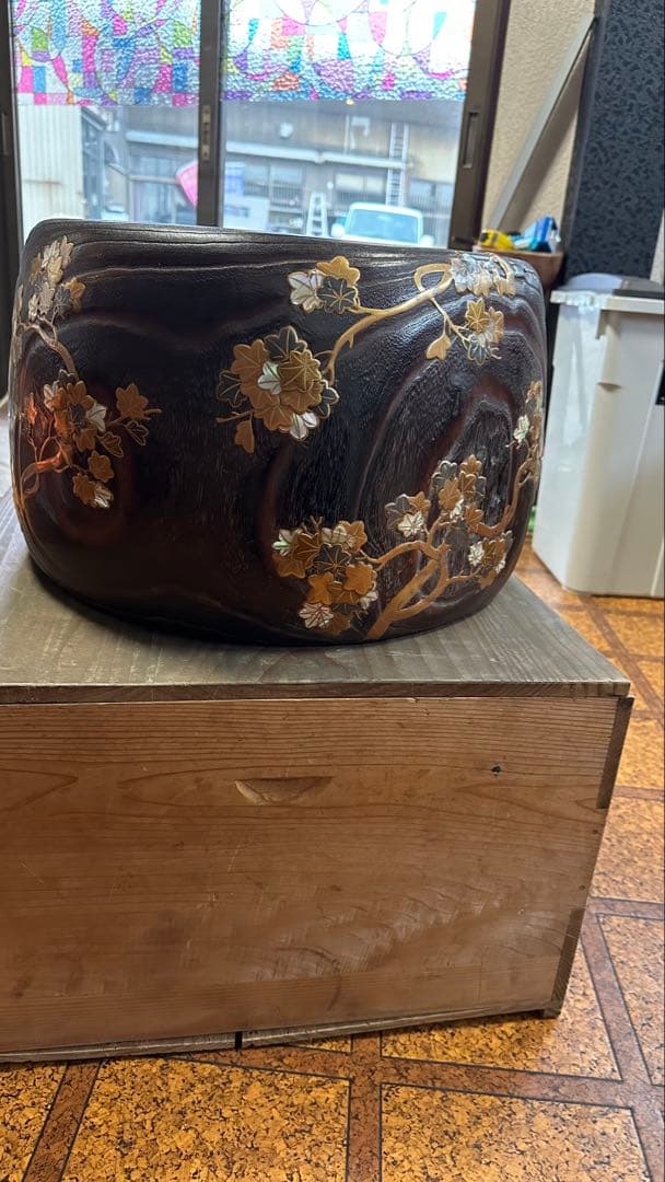 時代品　金蒔絵　螺鈿　高肉　桐火鉢
