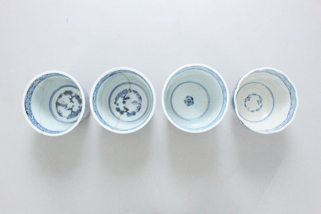 No5546 古伊万里 染付蕎麦猪口7点 成化年製 渦福 青華 陶磁器 送料無料