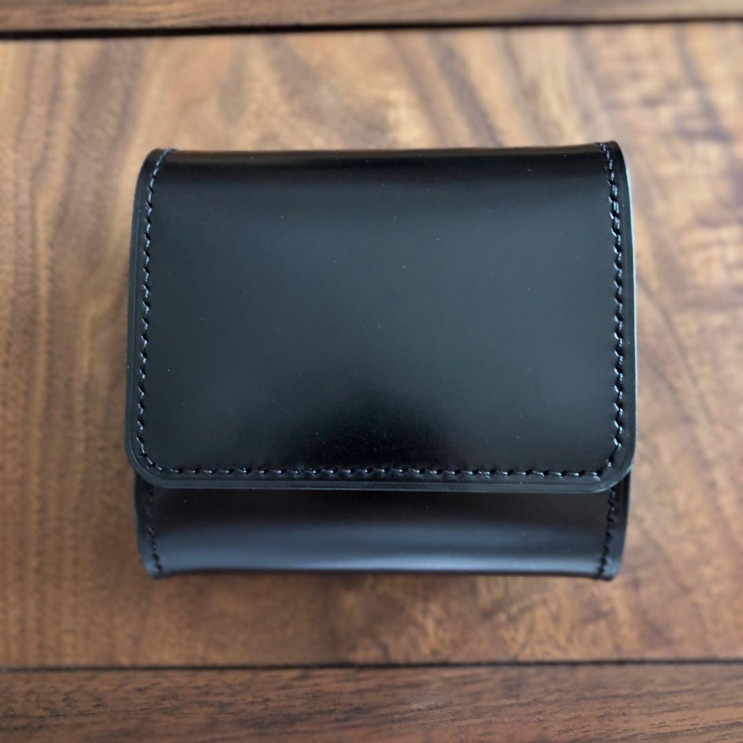新喜皮革コードバン×サドルレザー 三つ折りミニウォレット 総手縫い ブラック