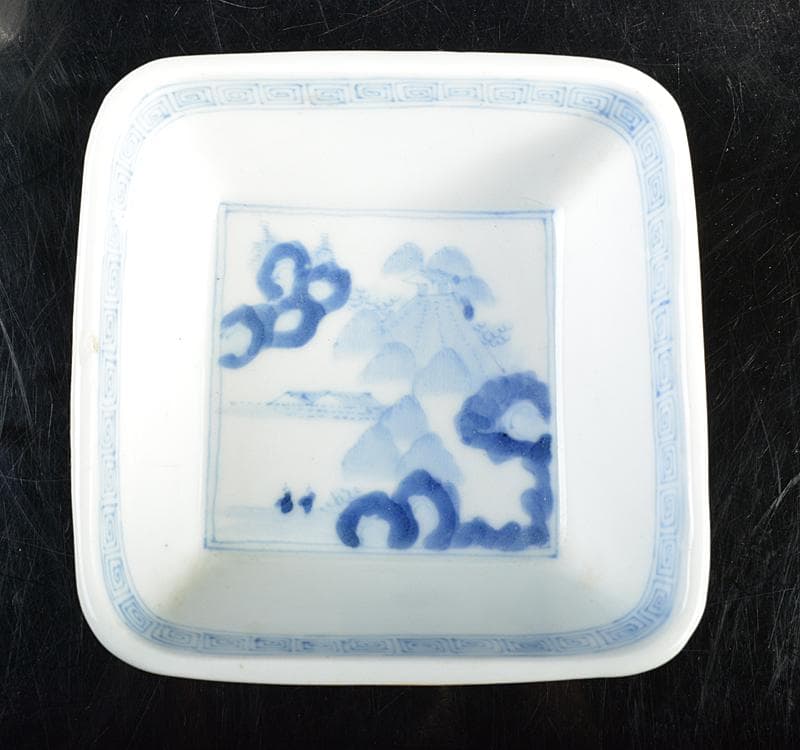 中国 宣嘉年製款 青花 漢詩山水雲龍文 四方小鉢 5客 M R4632 - WWW