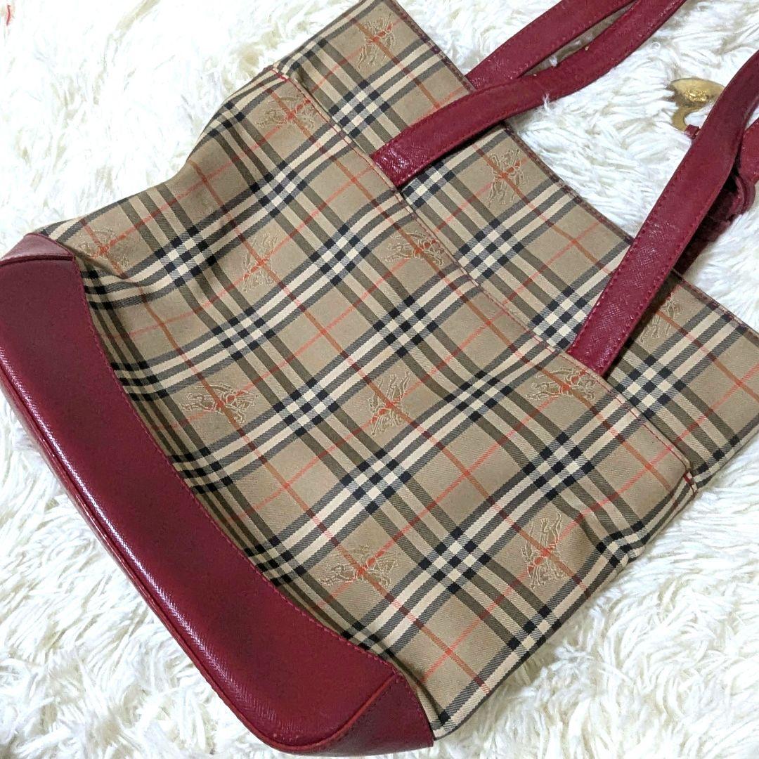 バーバリー　ノバチェック　キャンバス　レザー　ハンドバッグ　トートバッグ　赤