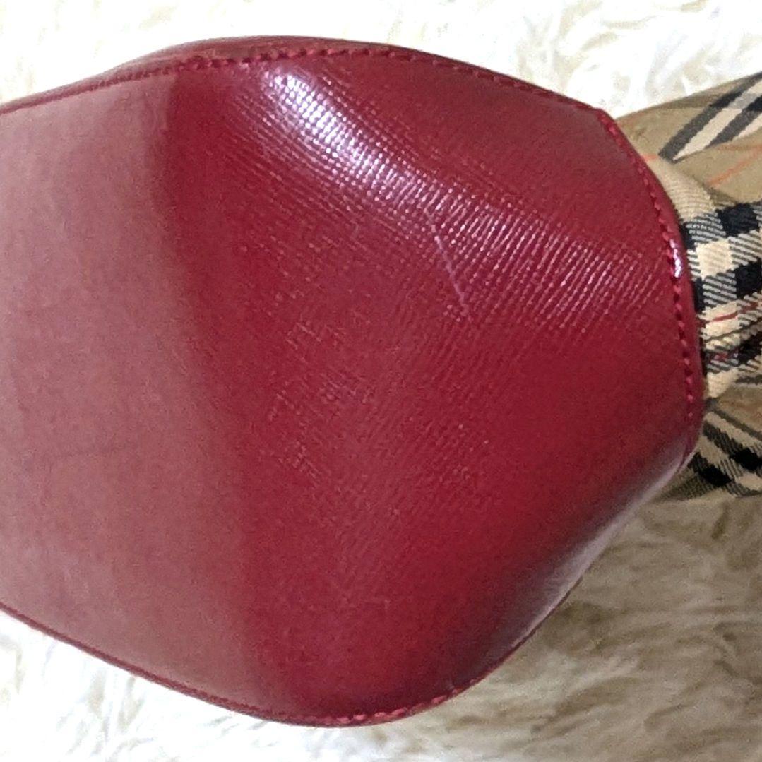 バーバリー　ノバチェック　キャンバス　レザー　ハンドバッグ　トートバッグ　赤