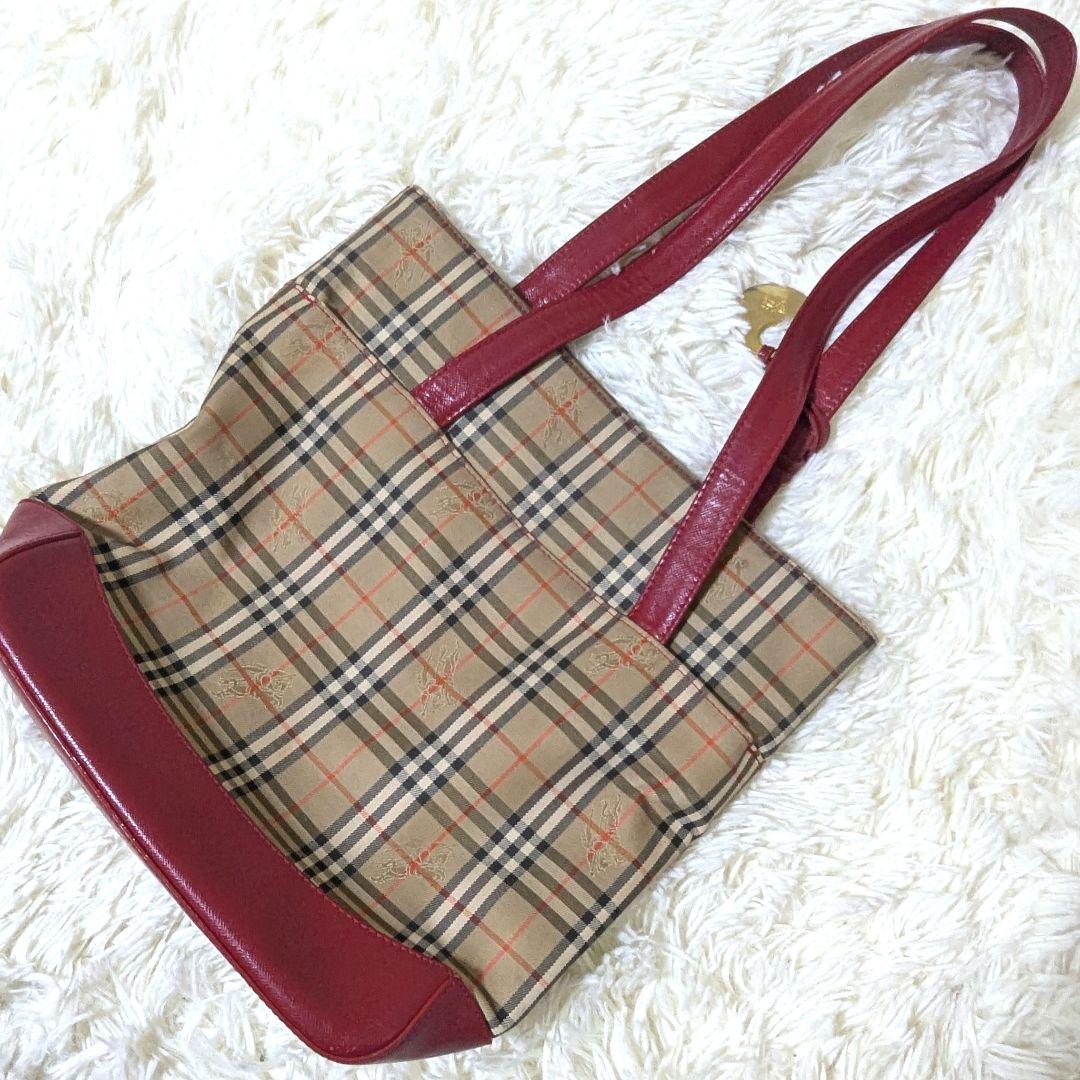 バーバリー　ノバチェック　キャンバス　レザー　ハンドバッグ　トートバッグ　赤
