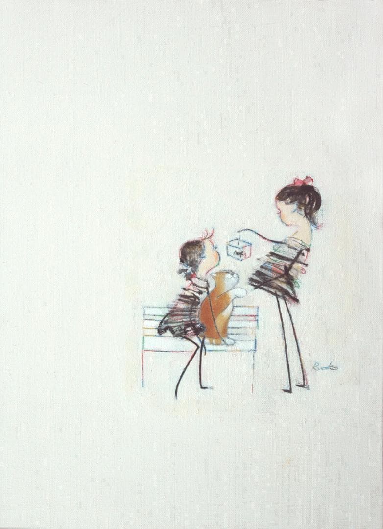 油絵 菅家令子 絵 絵画インテリア額付(銀) F4-030219 子猫子犬女の子