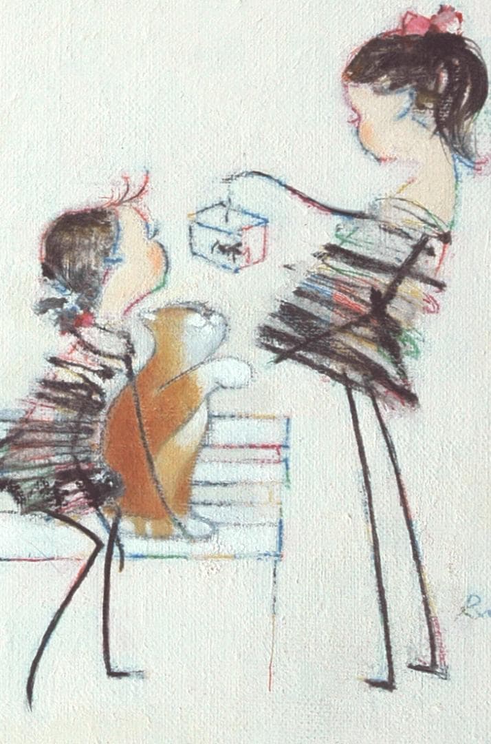 油絵 菅家令子 絵 絵画インテリア額付(銀) F4-030219 子猫子犬女の子