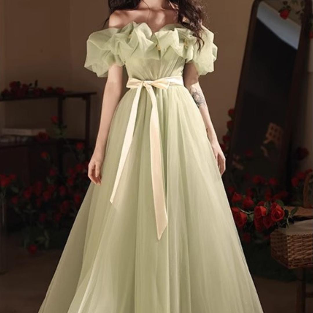 グリーン　誕生日　ハイウェストドレス　パーティー　お呼ばれ　ウェディング　カラー