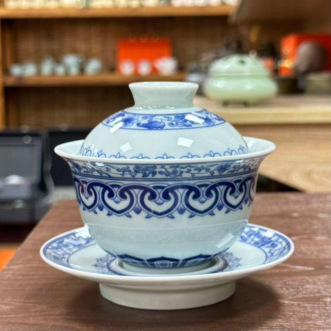 景徳鎮 青花宝相三才蓋碗 茶碗 煎茶器 茶道具 新品未使用