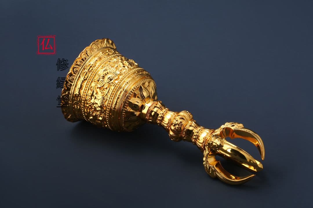 修縁堂】密教法具古美術品 鬼面五鈷蓮金剛鈴 チベット密教 高さ18.5cm