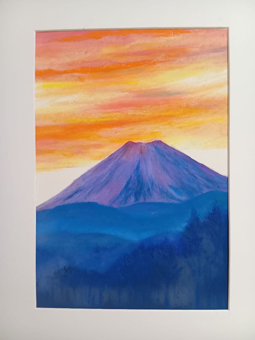 富士山　オイルパステル原画　A4サイズ 額無し　開運