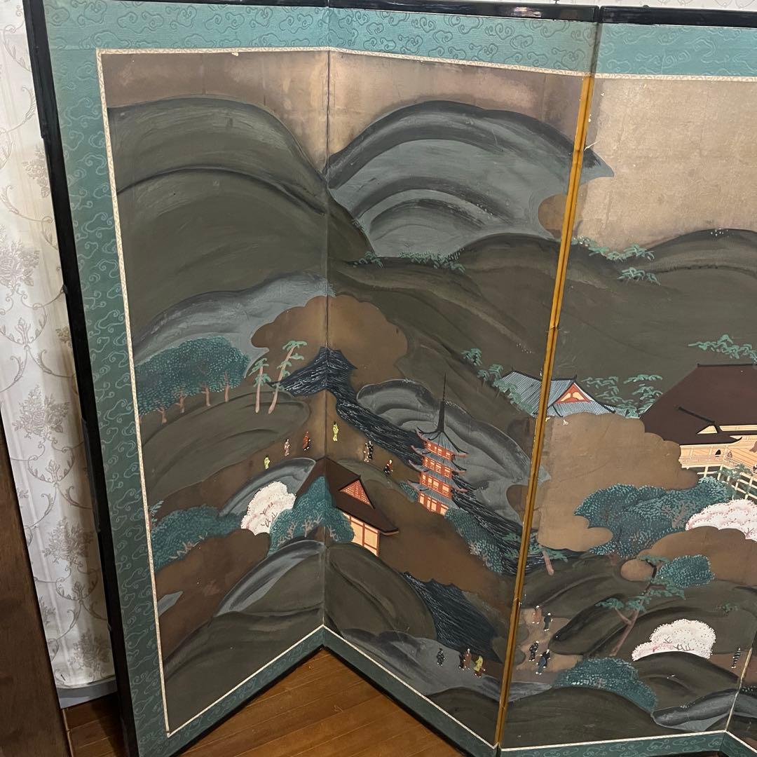 【アンティーク】蔵出し 六曲一双 屏風 人物画 風景画 日本画 金屏風 古美術