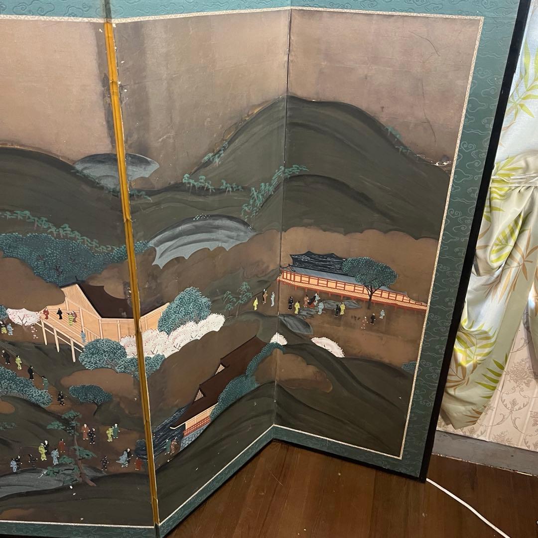 【アンティーク】蔵出し 六曲一双 屏風 人物画 風景画 日本画 金屏風 古美術