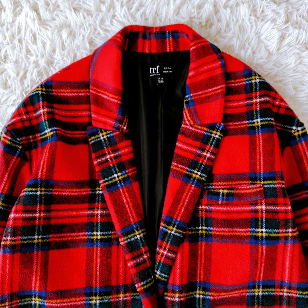 美品 ZARA trf ザラ ロングコート チェスターコート チェック柄 赤