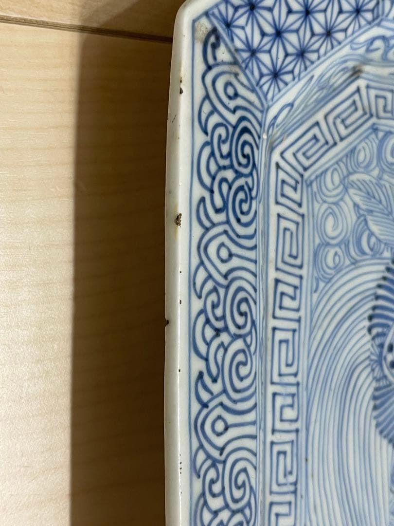 骨董伊万里線描染付角皿隅切1客