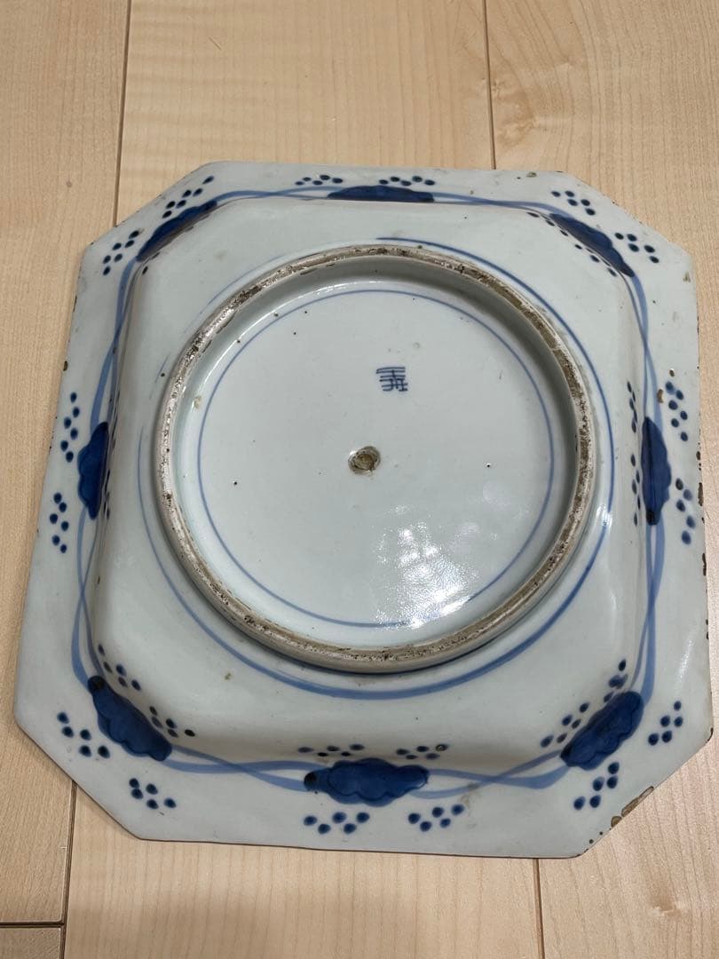 骨董伊万里線描染付角皿隅切1客