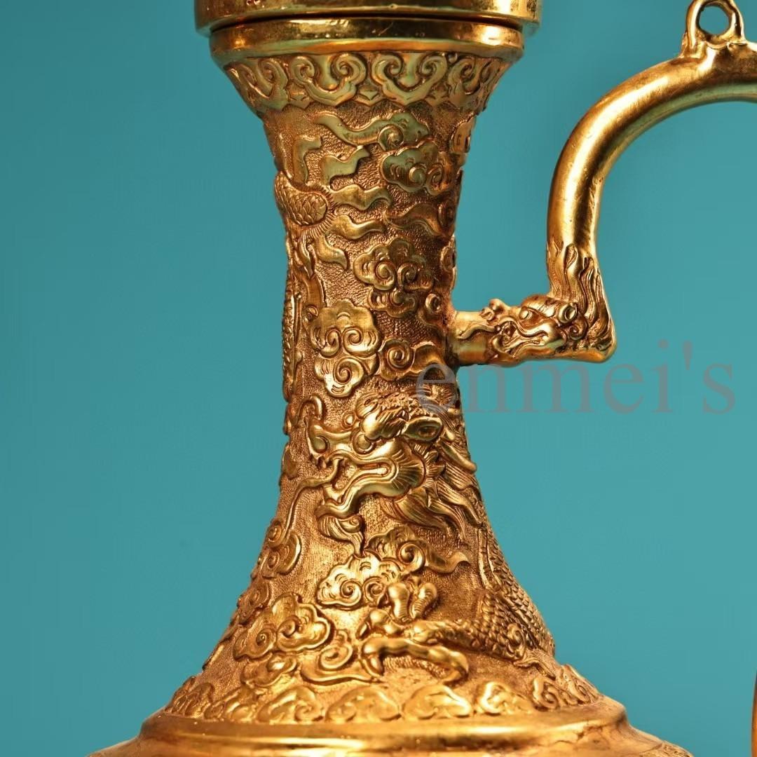 中国古美術・珍蔵純銅製・鎏金・酒器・高浮彫酒壺・純手作り・茶道具・酒具・風水置物