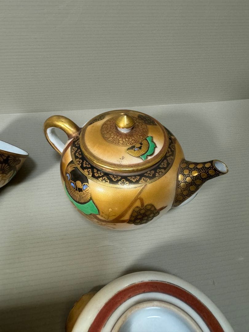 2172 九谷焼 金彩 茶器セット 急須1客 湯冷し1客 湯呑5客