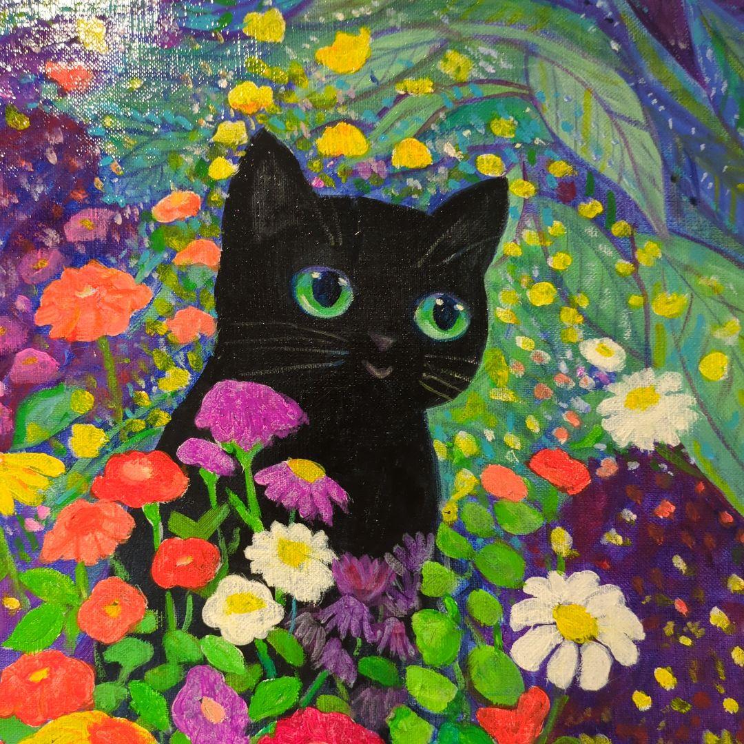 キャンバス油絵専用 黒猫ガーデン 4クリムト風フラワーガーデン