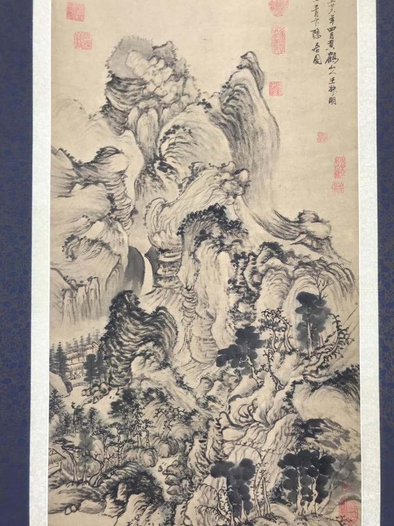 【真作】王林明/青下隠居図/山水図/山水人物画賛/掛軸/名家伝来/AB-806