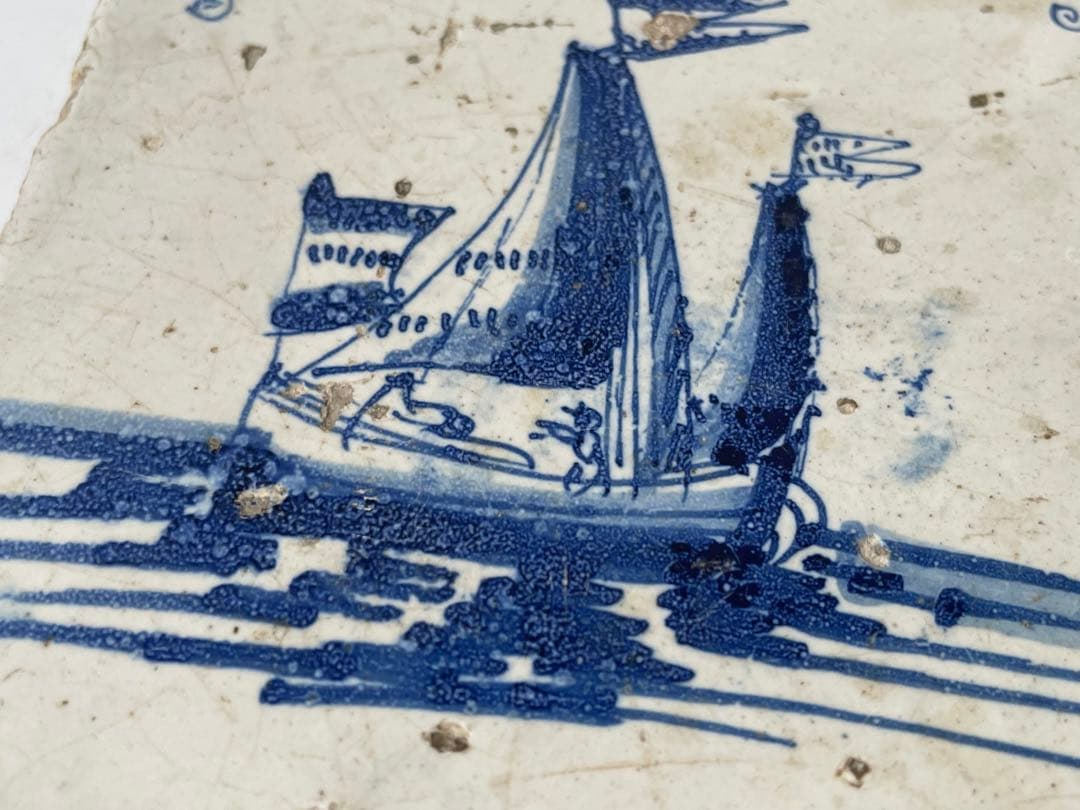 骨董 アンティーク デルフトタイル 船文様 帆船 染付 17世紀 オランダ