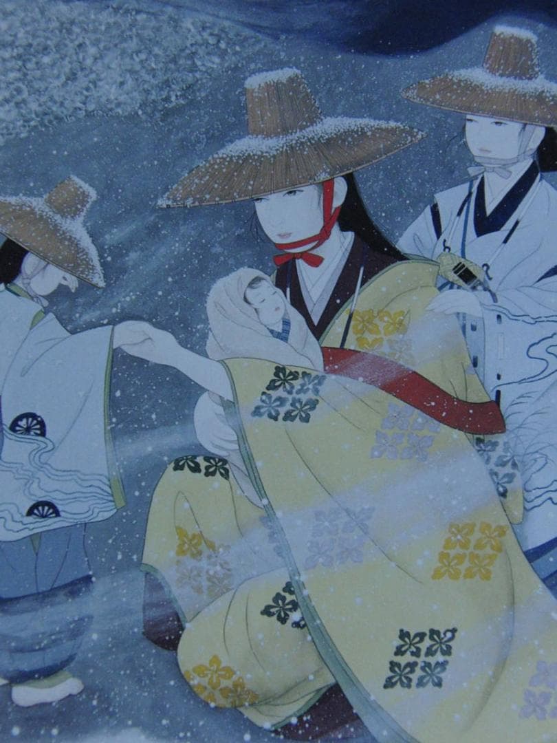 内田青虹、【雪行中（あと少し頑張って…常盤母子）】、希少な額装用画集より