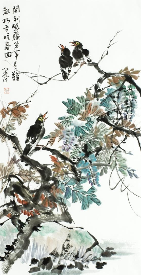 中国の花鳥画 「開到紫藤芳事盡」水墨画 肉筆画真跡保証あります R-10101