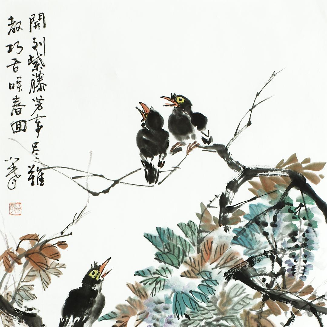 中国の花鳥画 「開到紫藤芳事盡」水墨画 肉筆画真跡保証あります R-10101