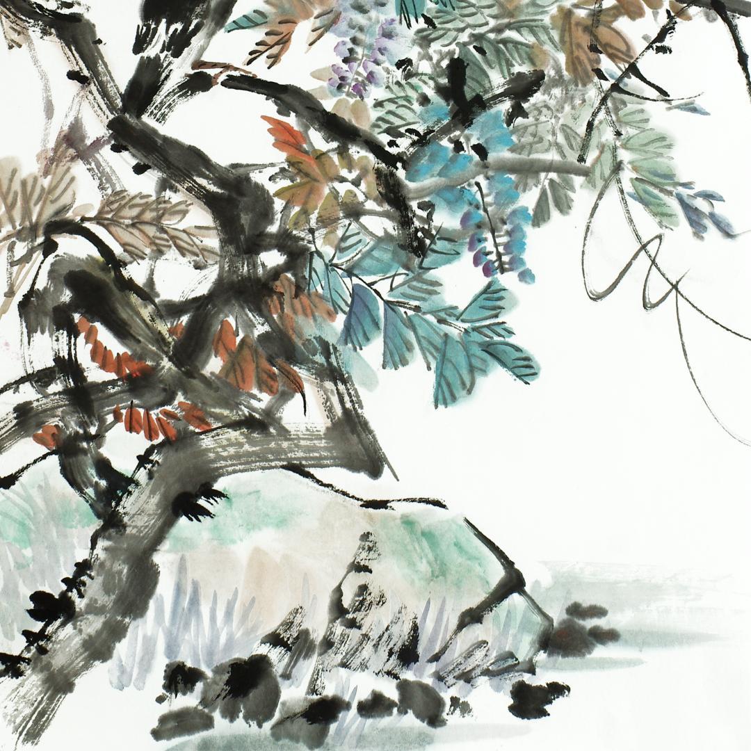 中国の花鳥画 「開到紫藤芳事盡」水墨画 肉筆画真跡保証あります R-10101