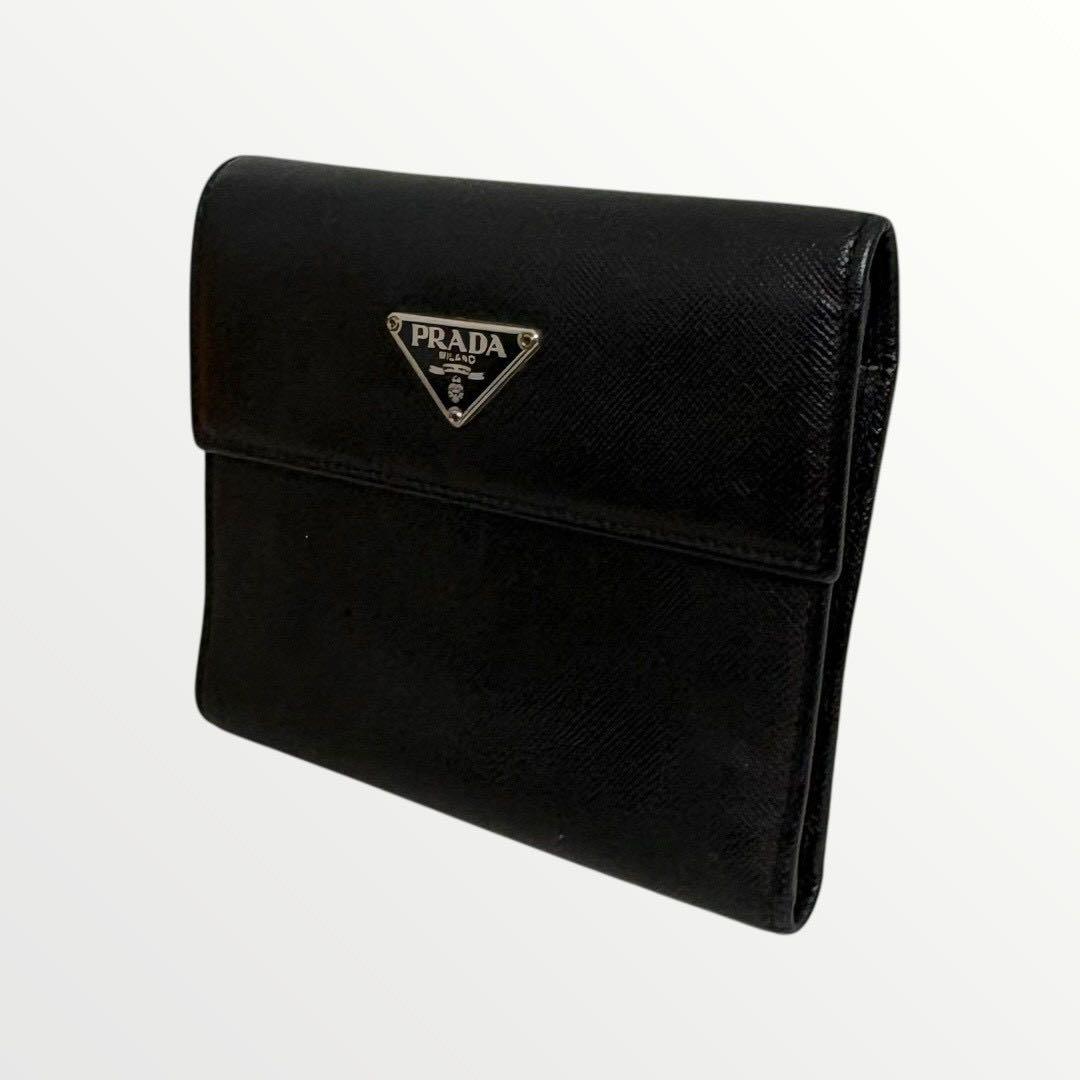 極美品✨ PRADA プラダ 三つ折り財布 サフィアーノ ブラック 三角ロゴ