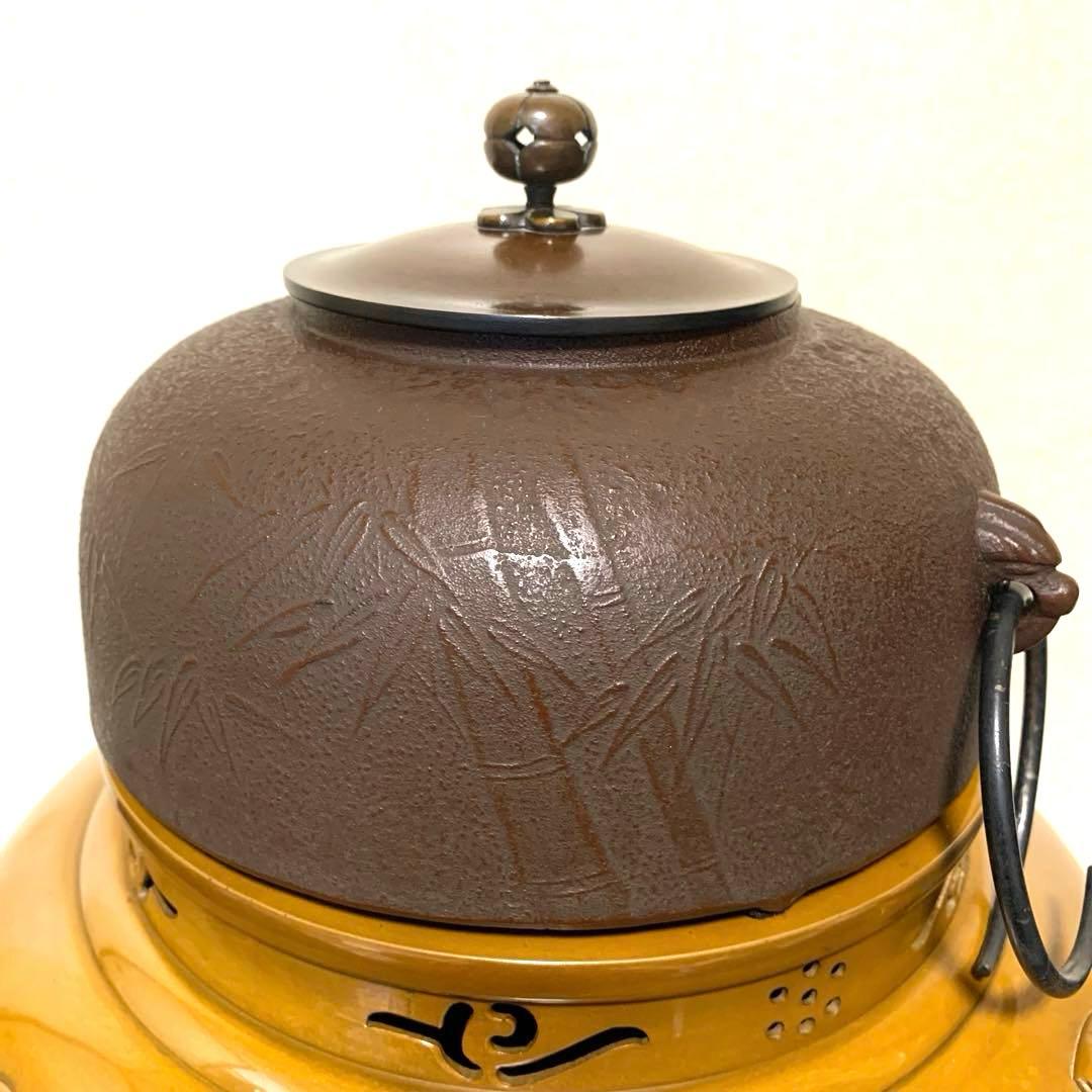 風炉釜 電熱器 茶釜 唐銅鬼面風炉 在銘竹地紋釜 野々田電熱