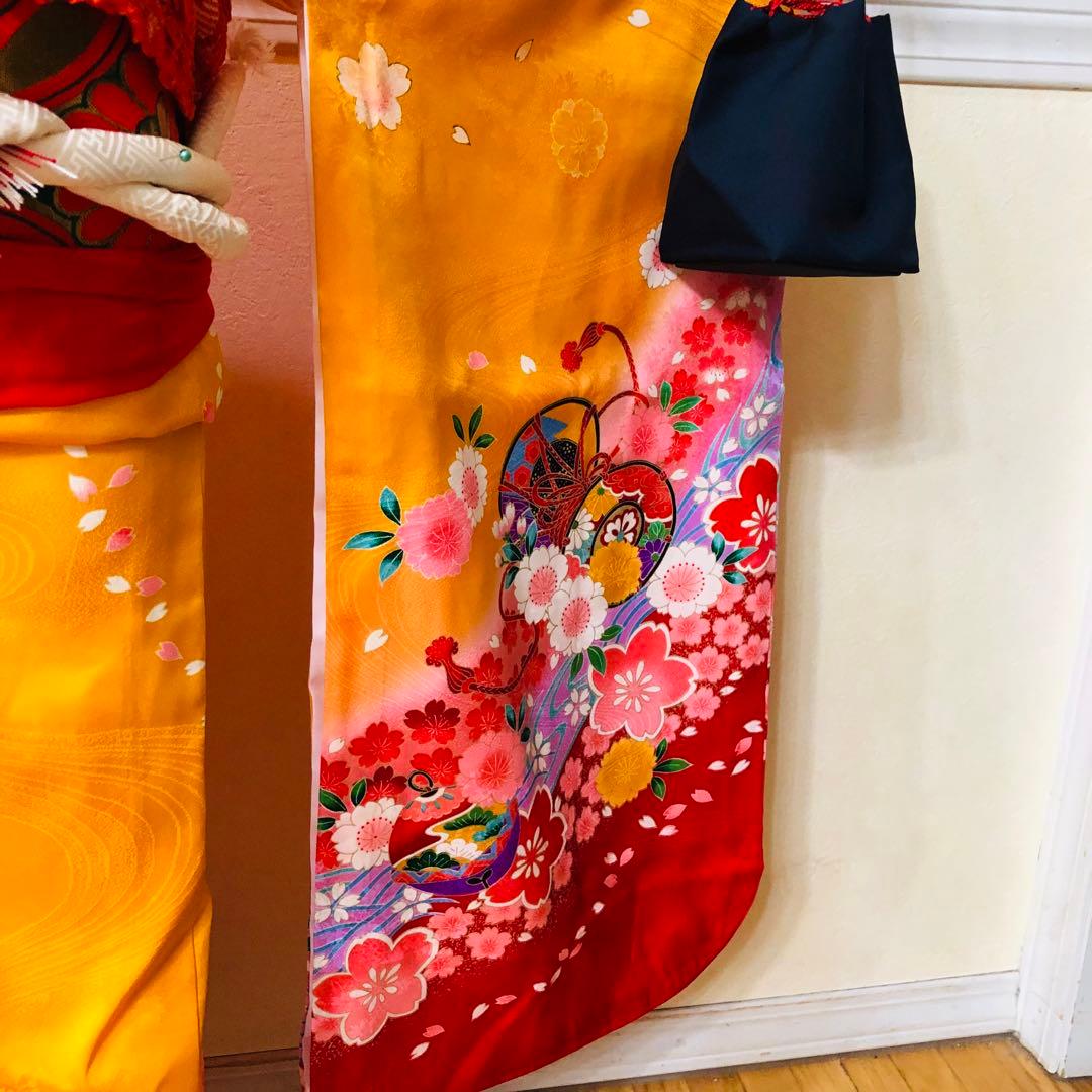 七五三七歳‼豪華黄色赤地可愛い❤️手毬桜金彩金箔煌びやか際立つ‼️完全フルセット絢爛