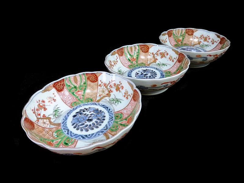 古伊万里　金襴手　牡丹に松竹梅の図　大振膾皿　３客　C784AS-CFz