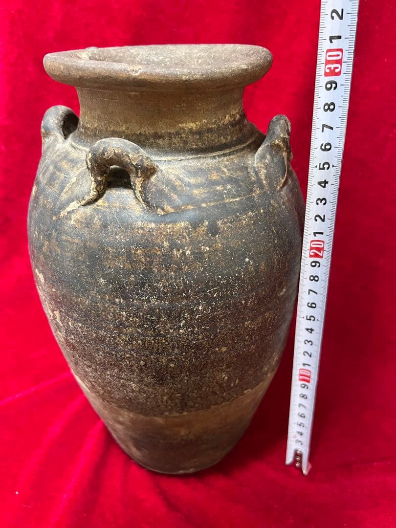 中国明朝青釉 四耳壺陶器 骨董品 時代物 高さ30cmx12cm整理品現状品のみ
