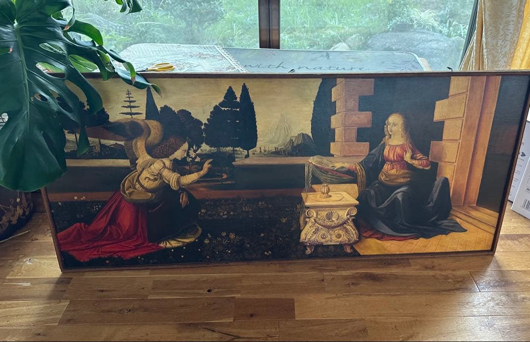 木板に油彩画 大判 木製フレーム付 名 受胎告知 模写 1976年