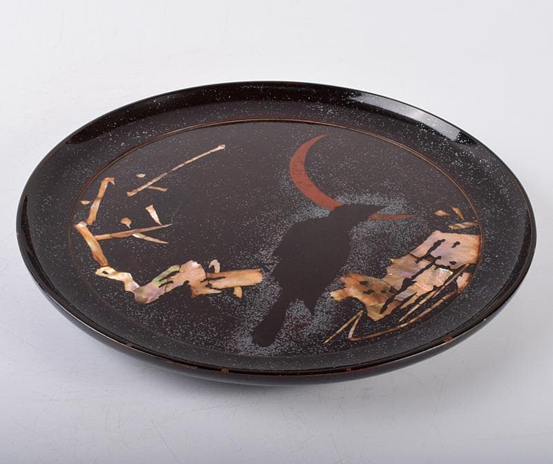 黒漆　螺鈿闇蒔絵　光琳月梅之図　闇鴉盆　時代箱付　V　3698B