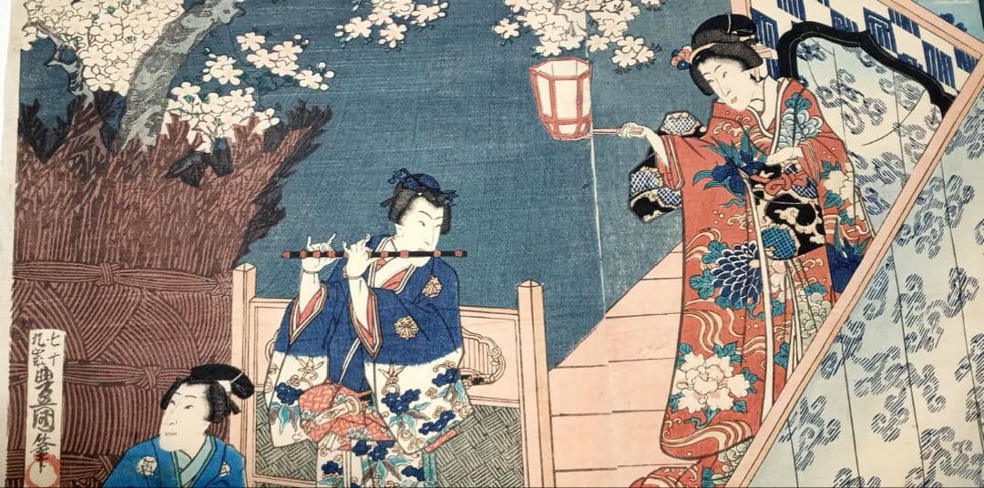 浮世絵版画、見立源氏琴碁書画之内遠音のあはせもの三枚綴り、三代豊国画元治元年出版