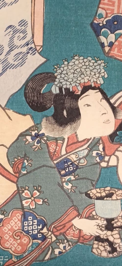 浮世絵版画、見立源氏琴碁書画之内遠音のあはせもの三枚綴り、三代豊国画元治元年出版