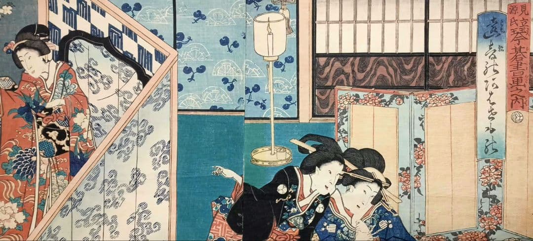 浮世絵版画、見立源氏琴碁書画之内遠音のあはせもの三枚綴り、三代豊国画元治元年出版