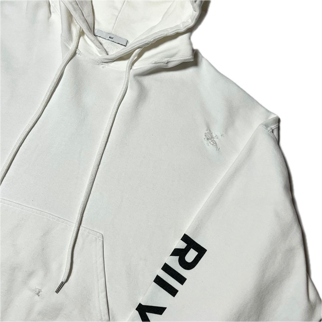 RILY 今市隆二 プルオーバーパーカー ダメージ加工 腕ロゴ ホワイト
