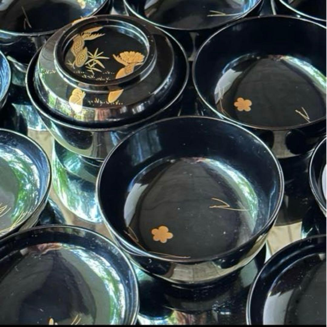 感謝お嫁入り‼️明治39JAPAN蒔絵 福寿草&梅と松葉真塗り上黒椀 吸物椀5