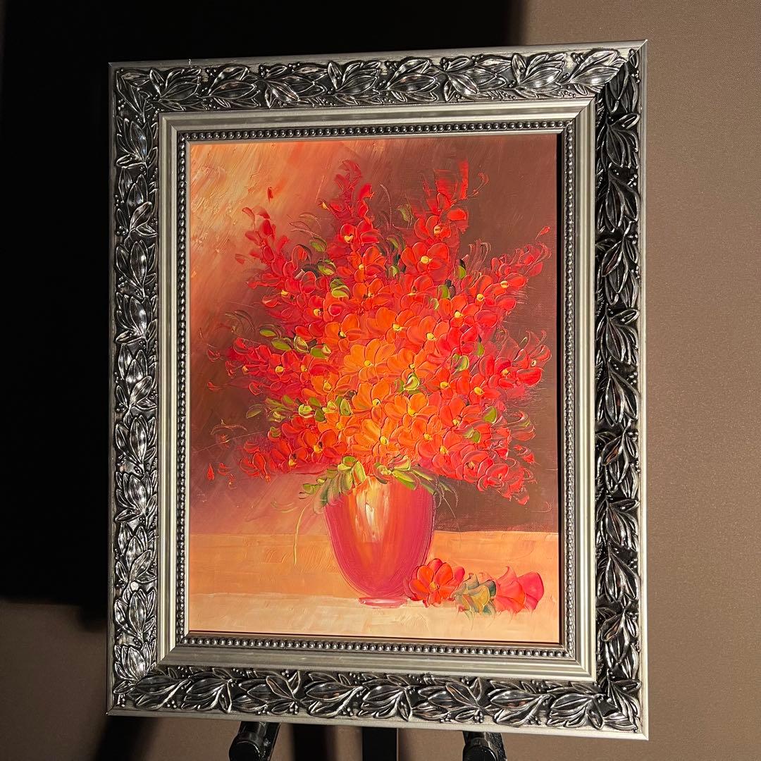 手書き油絵 花瓶の花 額付 絵画 インテリア 油彩画