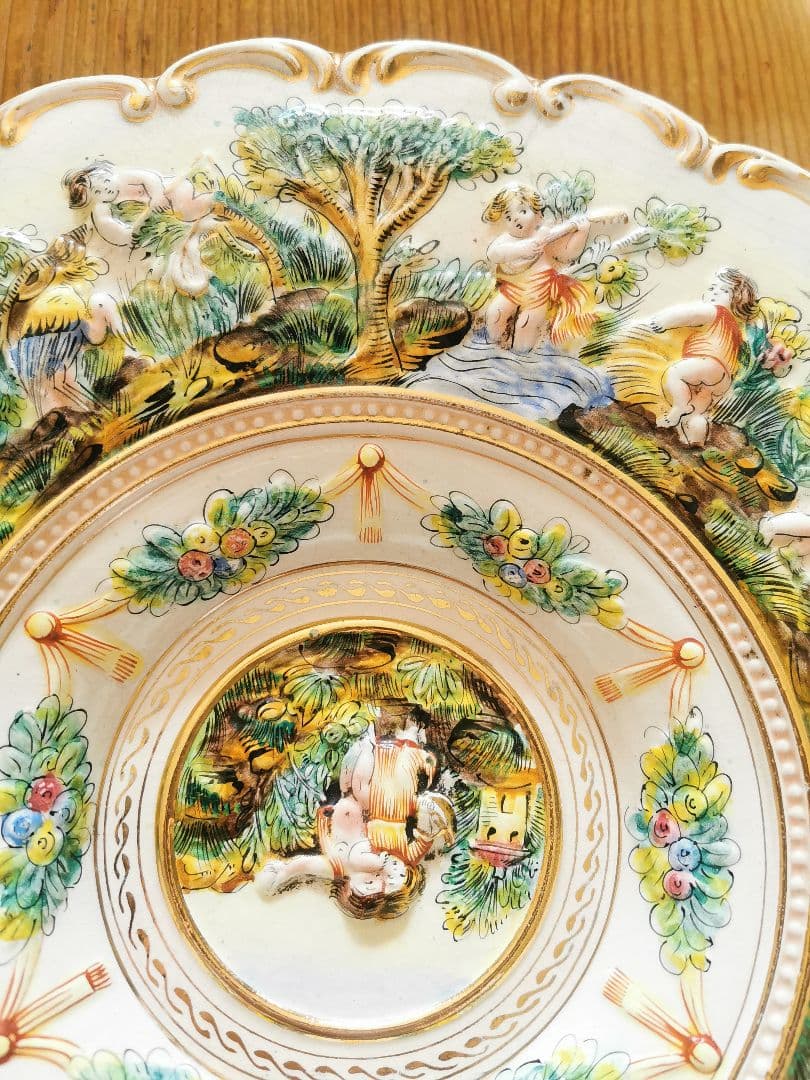 アンティーク カポディモンテ ラージデコレーションプレート 深大皿 子供達の収穫