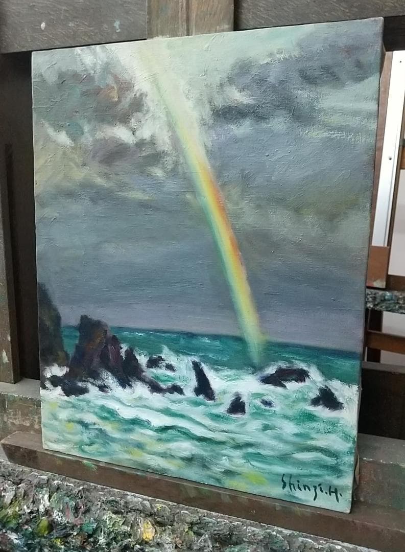 「虹立つ」能登木ノ浦海岸 F6 絵画 油絵