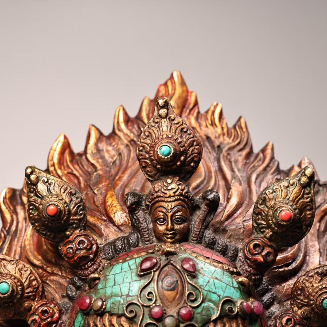 中国古美術『西蔵寺院旧蔵 マハーカーラ面具』純銅製 鍍金彩絵 高浮彫鏨